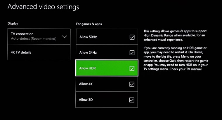 The Xbox One S's video settings after the day one update